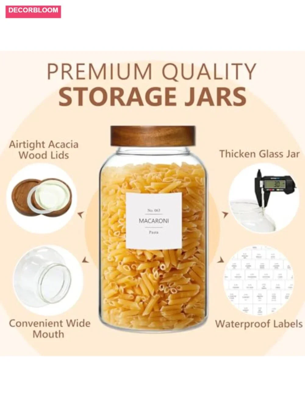 Large 88oz Glass Jars Set of 3 with Airtight Acacia Wood Lids